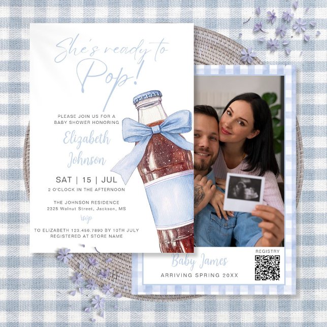 Convite Chuva de Bebê Garrafa de Refrigerante Azul Pronto  (Ready To Pop Blue Soda Bottle Baby Shower Photo Invitation)