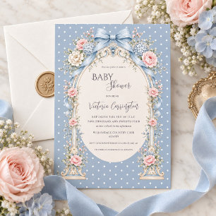 Convite Chuva de Bebê Gazebo Floral Rosa Azul Vintage