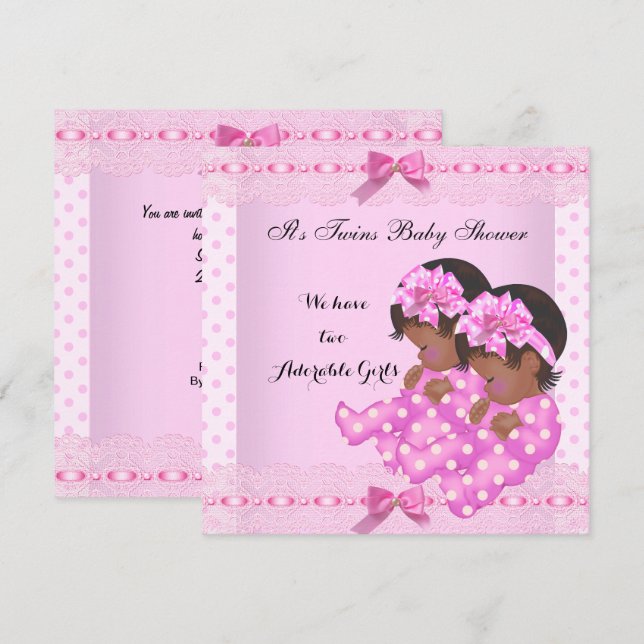 Convite Chuva de Bebê Gêmeas Afro-Americanas Rosa (Frente/Verso)