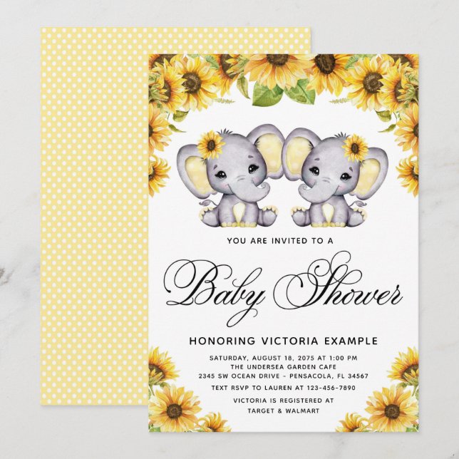 Convite Chuva de Bebê Gêmeas Meninas Elefante Girassol (Frente/Verso)