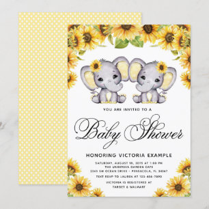 Convite Chuva de Bebê Gêmeas Meninas Elefante Girassol