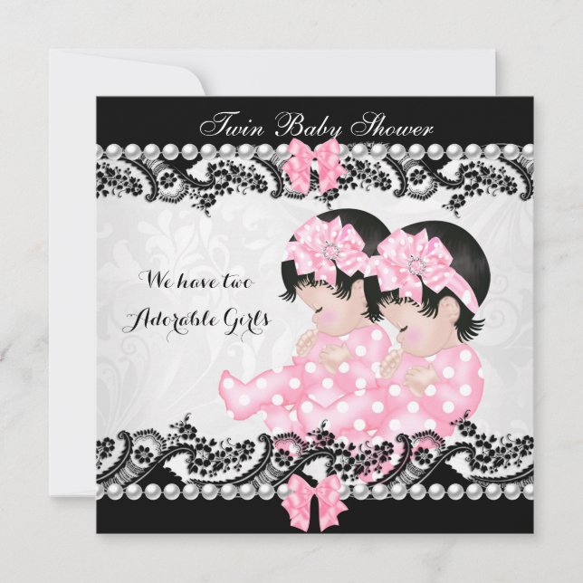 Convite Chuva de Bebê Gêmeas Meninas Lindas Rosa Menina (Frente)