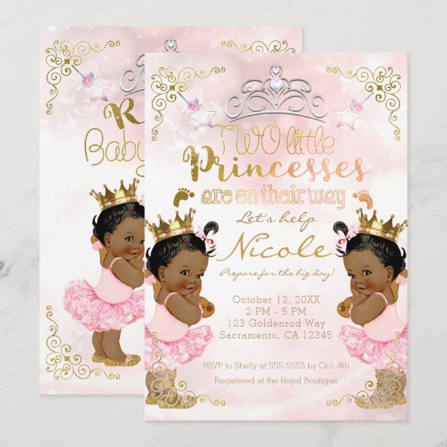 Convite Chuva de Bebê Gêmeas Meninas Princesa Rosa Étnico  (Frente/Verso)