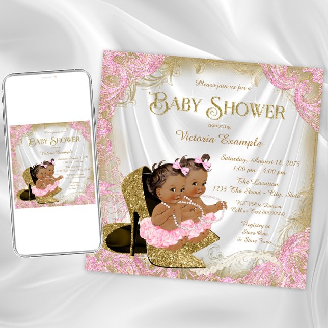 Convite Chuva de Bebê Gêmeas Meninas Sapato Brilho Dourado (Pink gold twin girl baby shower invitation. Instant download and printed invitations available.)