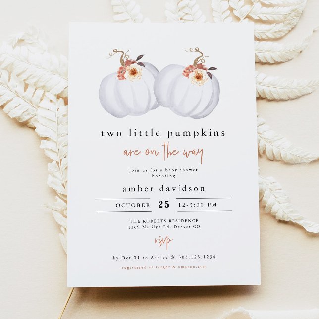 Convite Chuva de Bebê Gêmeos AMBER Rustic Duas Pequenas Ab (Two Little Pumpkins on the Way Twin Baby Shower Invitation)