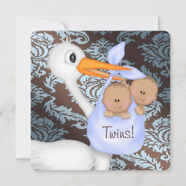 Convite Chuva de Bebê Gêmeos Azul Bebê e Marrom Damask (Frente)