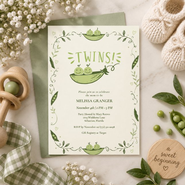 Convite Chuva de Bebê Gêmeos Duas Ervilhas em uma Vagem  (Two Peas in a Pod Twins Baby Shower Invitation)