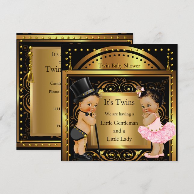 Convite Chuva de Bebê Gêmeos Menino e Menina Dourado Moren (Frente/Verso)
