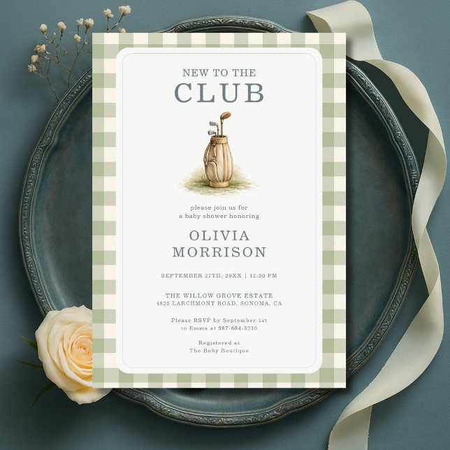 Convite Chuva de Bebê Gingham Novo no Clube de Golfe (Criador carregado)