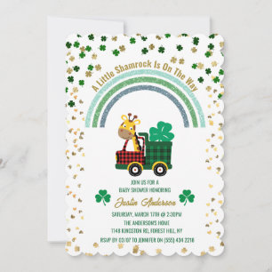 Convite Chuva de Bebê Girafa Leprechaun Dourado Trevo Arco