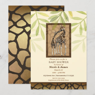 Convite Chuva de Bebê Girafas Beijando Marrom Dourado Zool