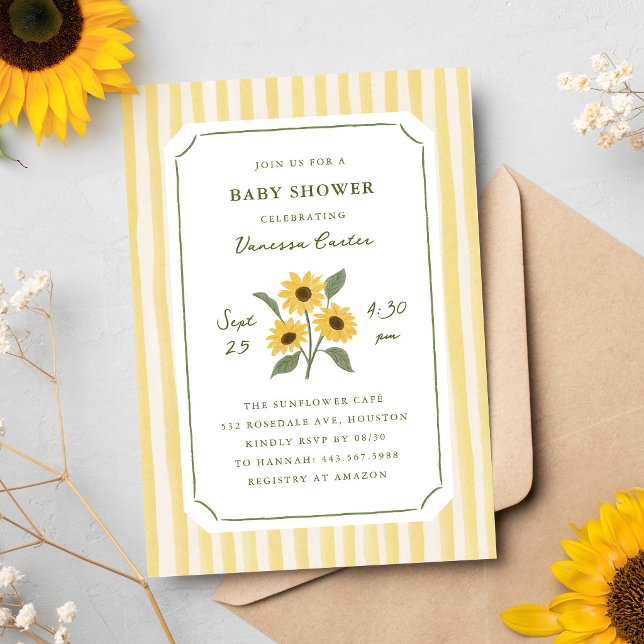Convite Chuva de Bebê Girassol e Listras Desenhadas à Mão (hand-drawn sunflower and yellow stripes baby shower invitation)