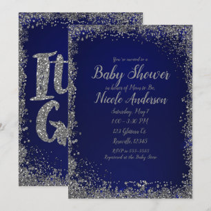 Convite Chuva de Bebê Glamour Azul Real com Brilho Pratead
