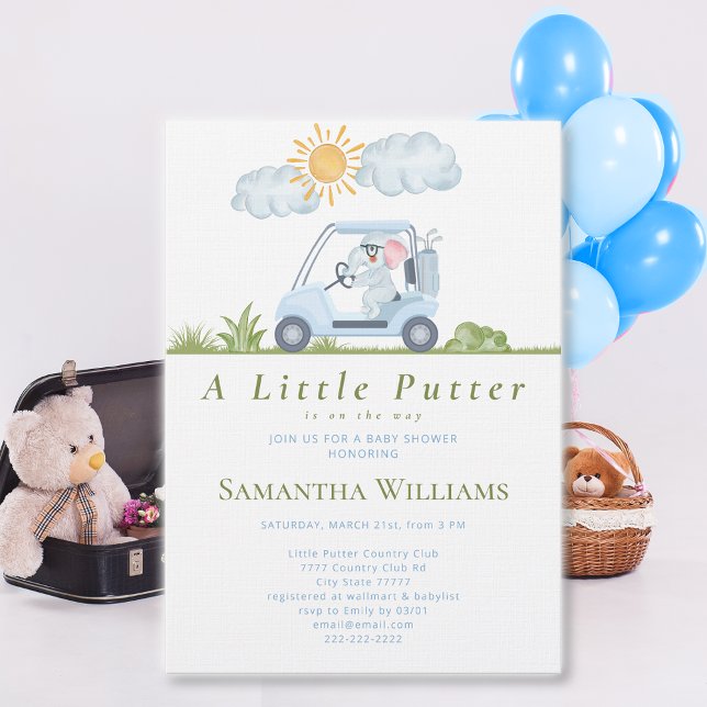 Convite Chuva de Bebê Golfe Little Putter Aquarela (Little Putter Golfer Watercolor Golf Cute Lil Elephant Driving Golf Cart Blue Baby Shower Invitation)