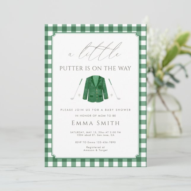 Convite Chuva de Bebê Green Gingham Um Pequeno Putter de G (Em pé/Frente)