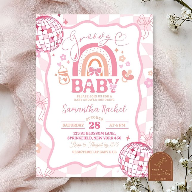 Convite Chuva de Bebê Groovy Arco-Íris Retro Pastel (Criador carregado)