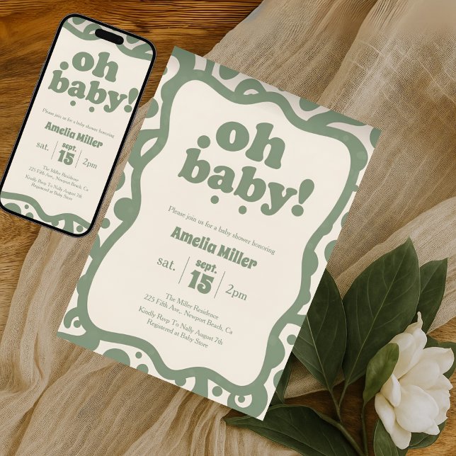 Convite Chuva de Bebê Groovy Oh Baby | Verde Sage Retro do (Criador carregado)