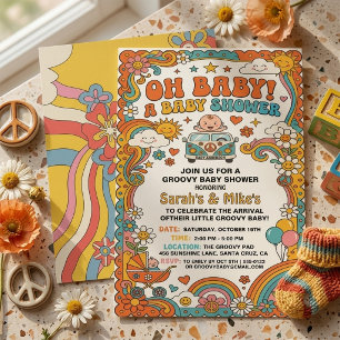 Convite Chuva de Bebê Groovy Retro Anos 70 Hippie Daisy Ôn