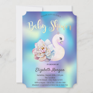 Convite Chuva de Bebê Holográfica de Cisne Floral Fofa