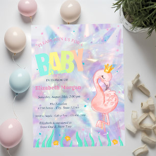 Convite Chuva de Bebê Holográfica Flamingo Elegante