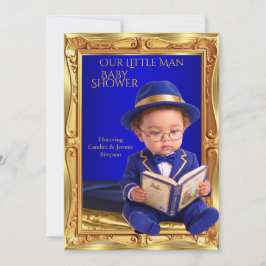 Convite Chuva de Bebê Homemzinho Fofo Livro Azul Dourado