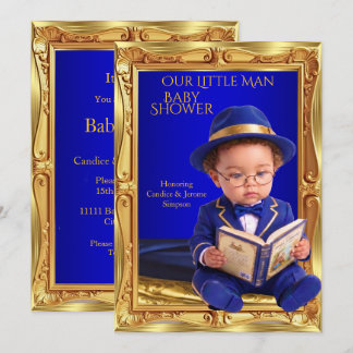 Convite Chuva de Bebê Homemzinho Fofo Livro Azul Dourado