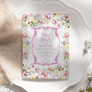 Convite Chuva de Bebê Jardim Floral Brilhante Fita Rosa