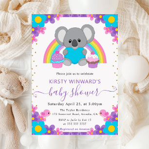 Convite Chuva de Bebê Koala Arco-íris Floral Aquarela