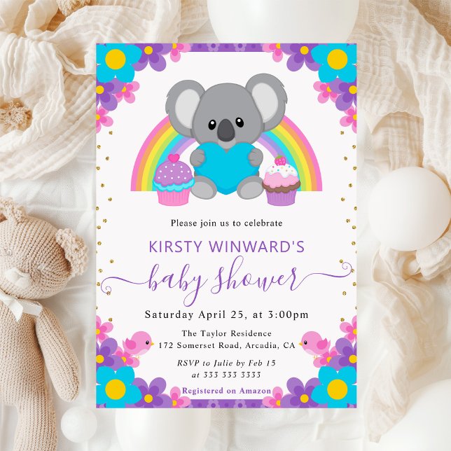 Convite Chuva de Bebê Koala Arco-íris Floral Aquarela (Criador carregado)