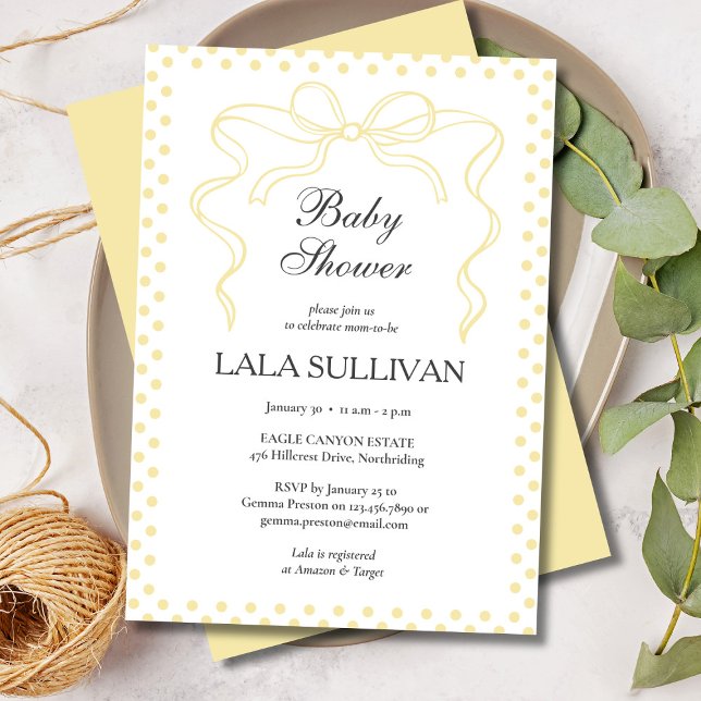 Convite Chuva de Bebê Laço Coquette com Bolinhas Amarelas (Yellow Polka Dot Coquette Bow Baby Shower Invitation)