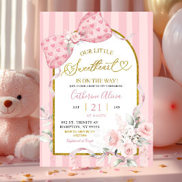 Convite Chuva de Bebê Laço de Listras Rosa Coquette