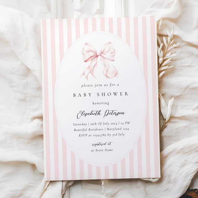 Convite Chuva de Bebê Laço de Listras Rosa Elegante Chuva  (Criador carregado)
