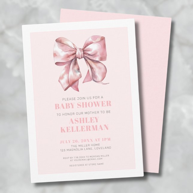 Convite Chuva de Bebê Laço Rosa Bege (Watercolor Pink Bow Baby Shower Invitation)