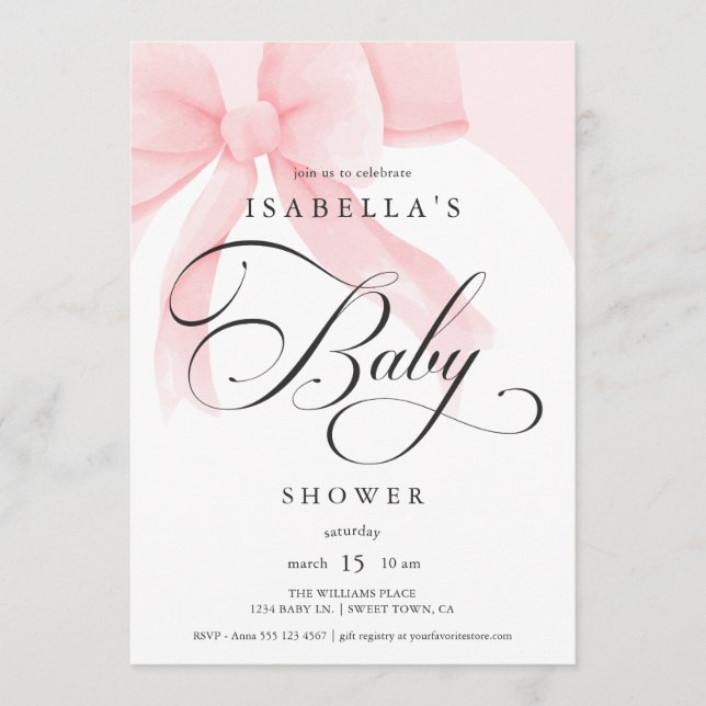Convite Chuva de Bebê Laço Rosa Elegant Script (Frente)