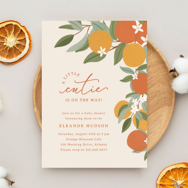Convite Chuva de Bebê Laranja Citrino Fofo (a little cutie is on the way - citrus oranges baby shower invitation)