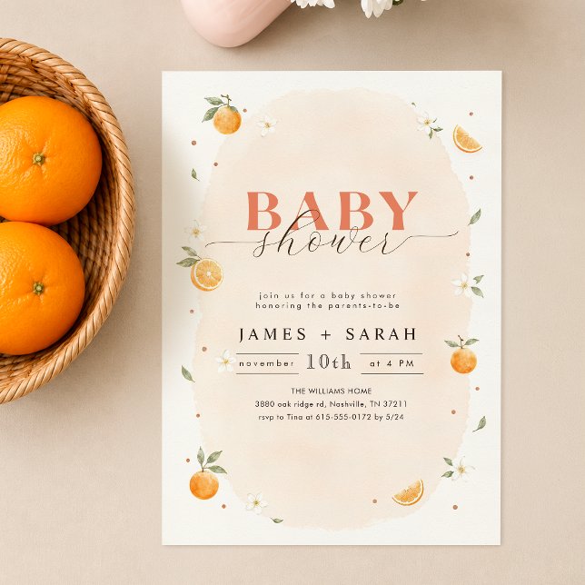 Convite Chuva de Bebê Laranja Doce Aquarela (Criador carregado)