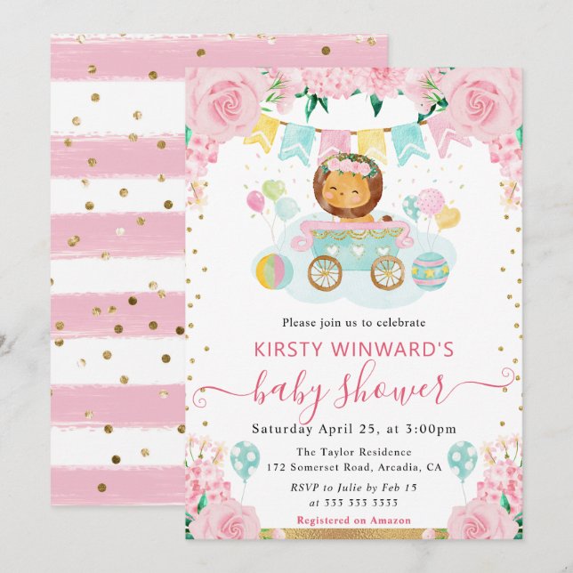 Convite Chuva de Bebê Leão com Flores Rosa em Aquarela (Frente/Verso)