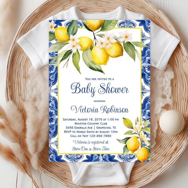 Convite Chuva de Bebê Limão Azulejo Mediterrâneo (Beautiful blue tile and lemon baby shower invitation. )