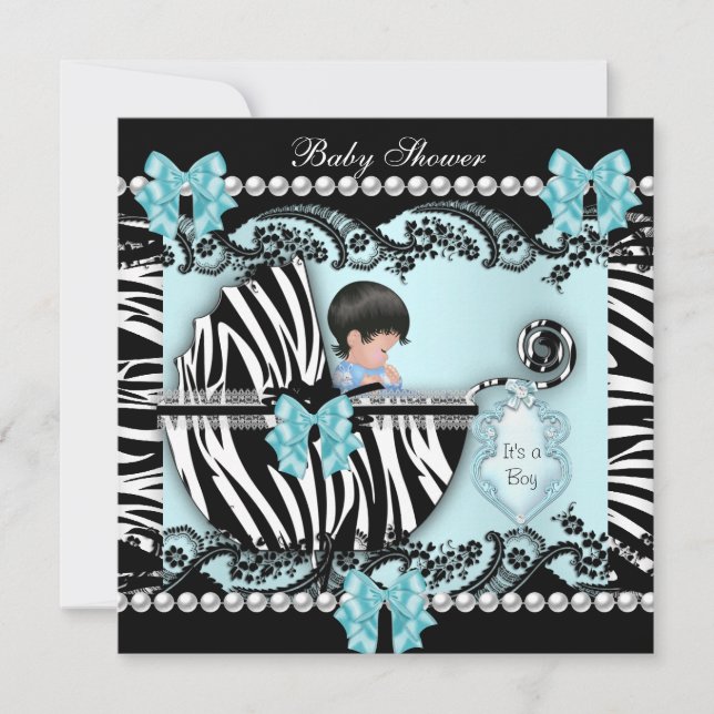 Convite Chuva de Bebê Lindo Bebê Menino Azul Zebra Renda (Frente)
