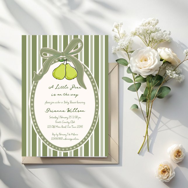 Convite Chuva de bebê listras retrô verde sage pera (Pear vintage sage green retro stripes preppy baby shower invitation cards template)