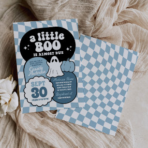 Convite Chuva de Bebê Little Boo Azul com Xadrez Retrô