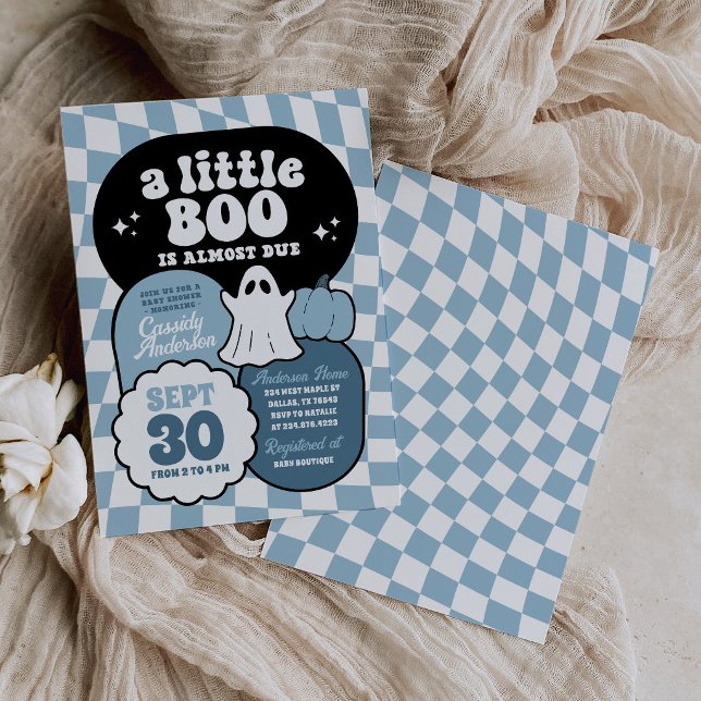 Convite Chuva de Bebê Little Boo Azul com Xadrez Retrô (Criador carregado)
