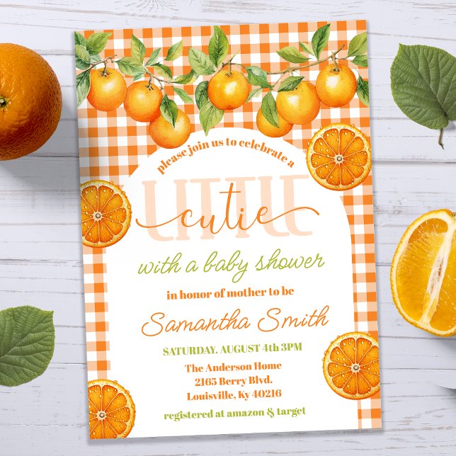 Convite Chuva de Bebê Little Cutie Laranja e Xadrez de Lar (Criador carregado)