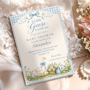 Convite Chuva de Bebê Little Goose Azul Xadrez