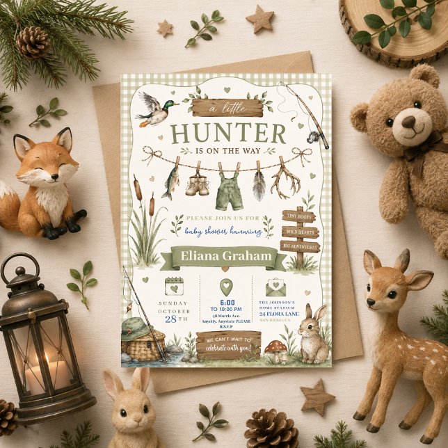 Convite Chuva de Bebê Little Hunter Floresta Menino Imprim (Criador carregado)