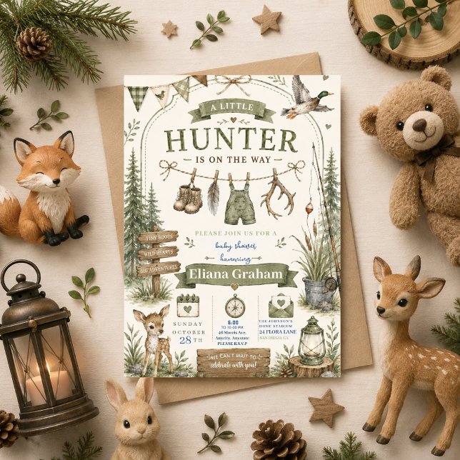 Convite Chuva de Bebê Little Hunter Floresta Menino Imprim (Criador carregado)
