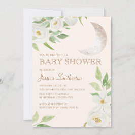 Convite Chuva de Bebê Lua Branca Floral Folhas Verdes