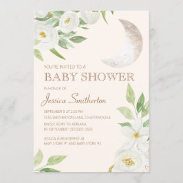 Convite Chuva de Bebê Lua Branca Floral Folhas Verdes