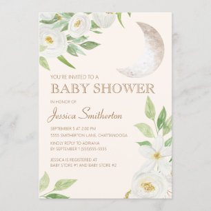 Convite Chuva de Bebê Lua Branca Floral Folhas Verdes
