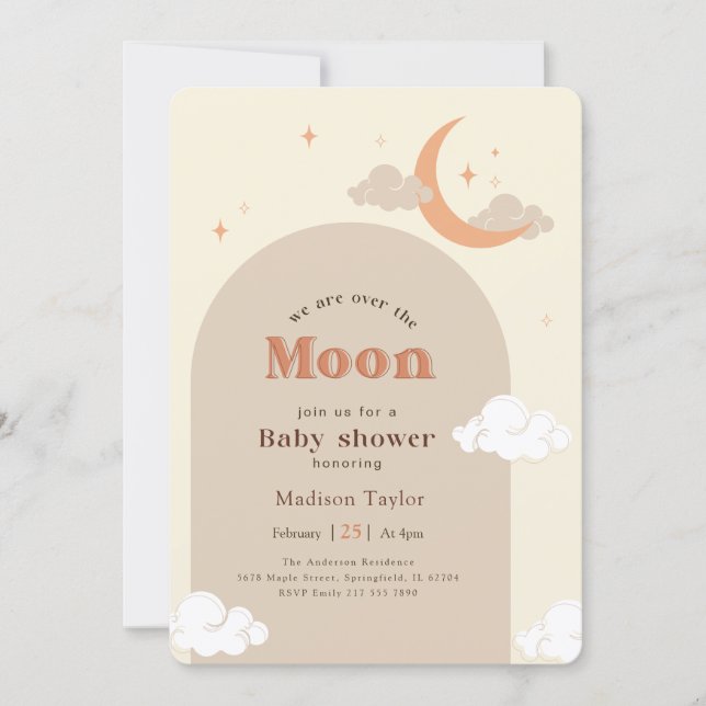 Convite Chuva de Bebê Lua Crescente Estrelas Moderna (Frente)